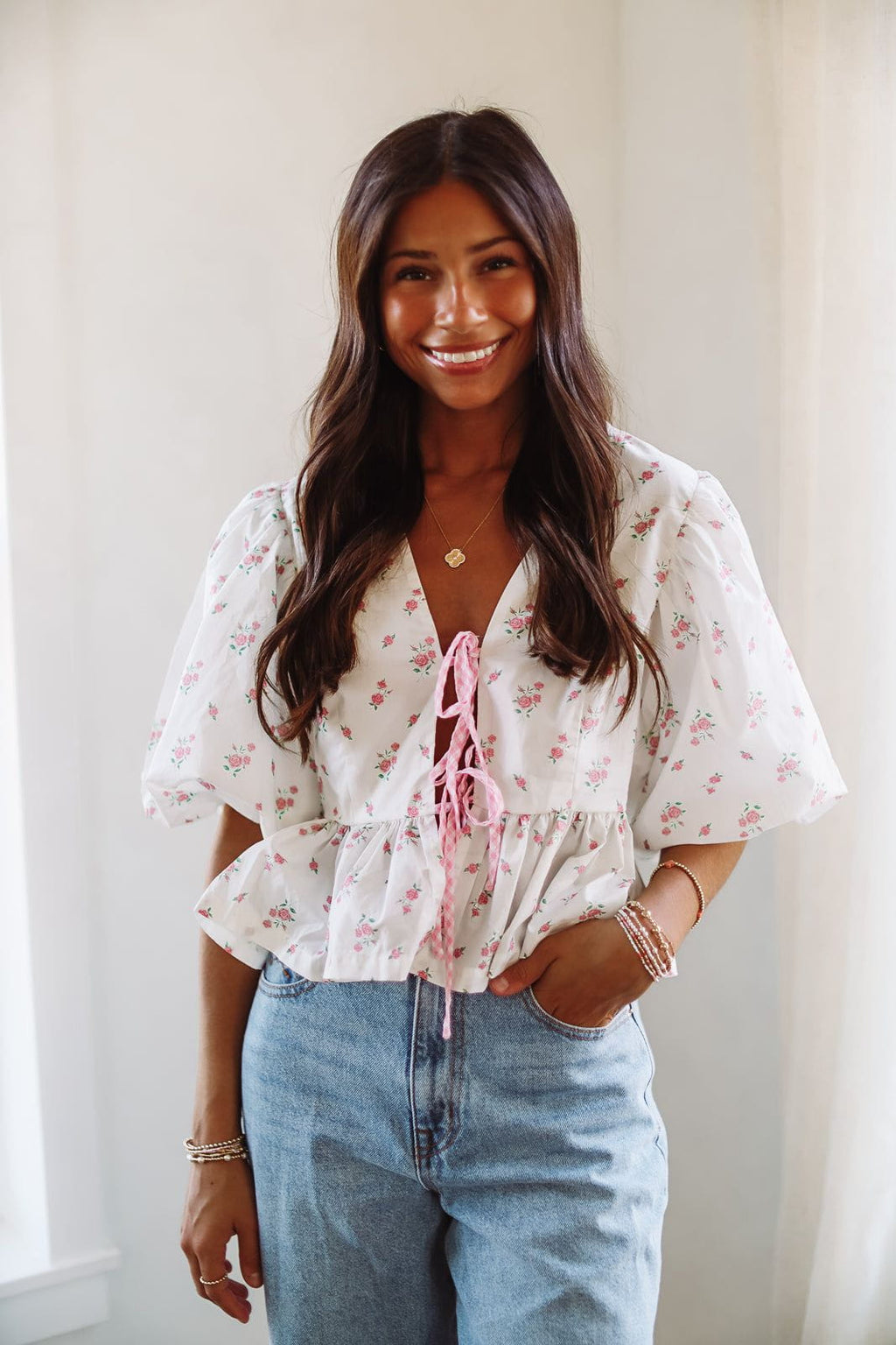 HAZEL & OLIVE Roses in Bloom Crop Top - Pink and White