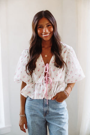 HAZEL & OLIVE Roses in Bloom Crop Top - Pink and White