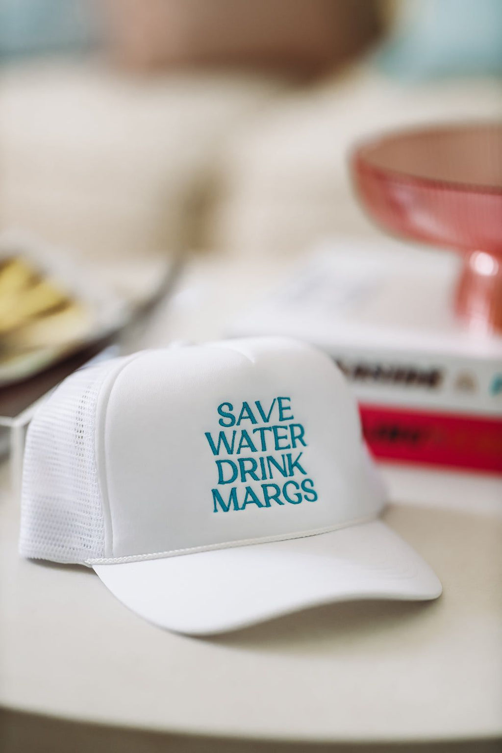 HAZEL & OLIVE Save Water Drink Margs Embroidered Trucker Hat - White