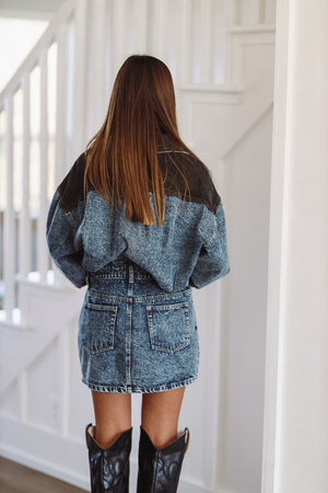 HAZEL & OLIVE Secret to Tell Denim Romper - Blue Acid Washed  and Black Denim