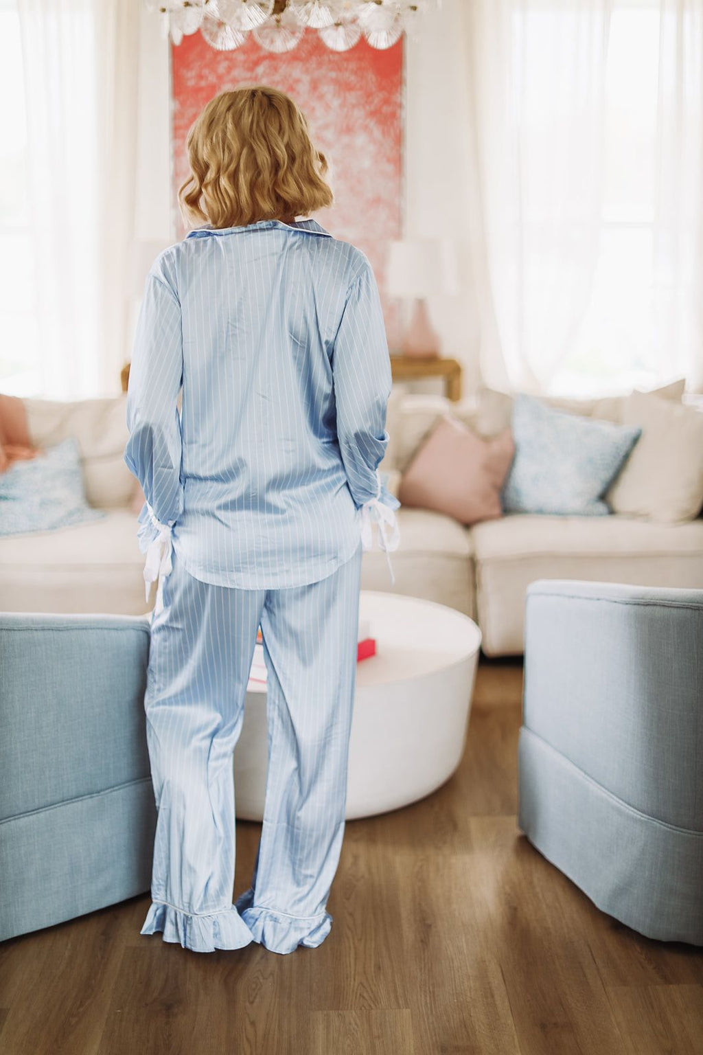 HAZEL & OLIVE Sleeping on a Cloud Pant and Top Pajama Set - Sky Blue and White