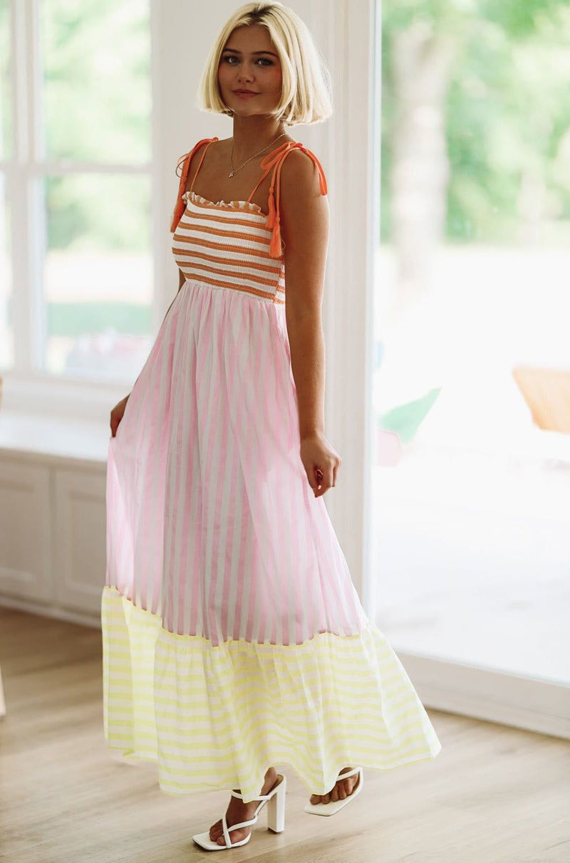 Striped Sherbet Maxi Dress Pink Orange and Yellow Small