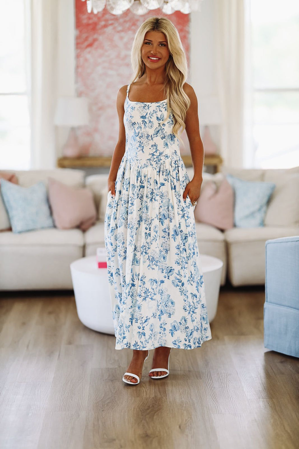 HAZEL & OLIVE Summer Classic Midi Dress - Blue and White