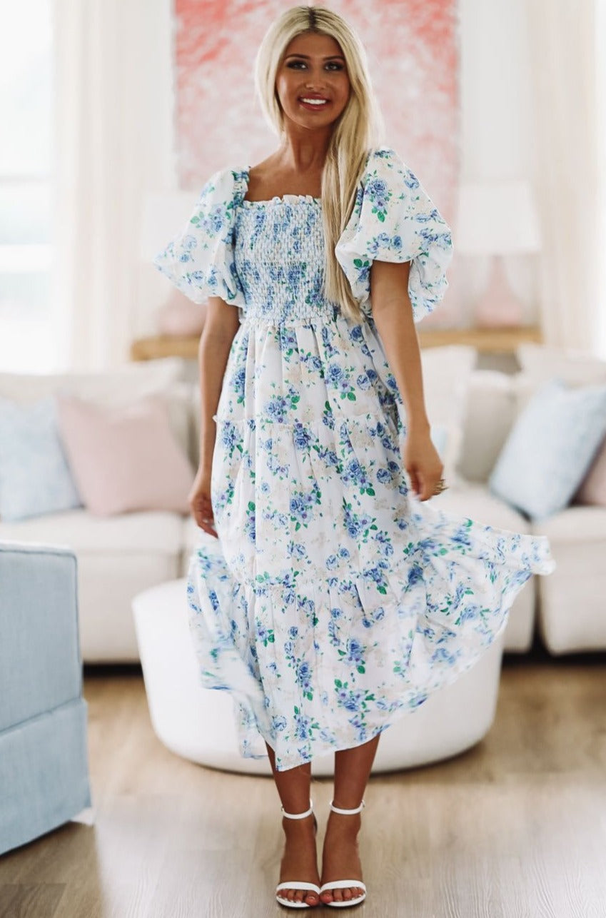 HAZEL & OLIVE Sunday Morning Floral Midi Dress - Blue and White