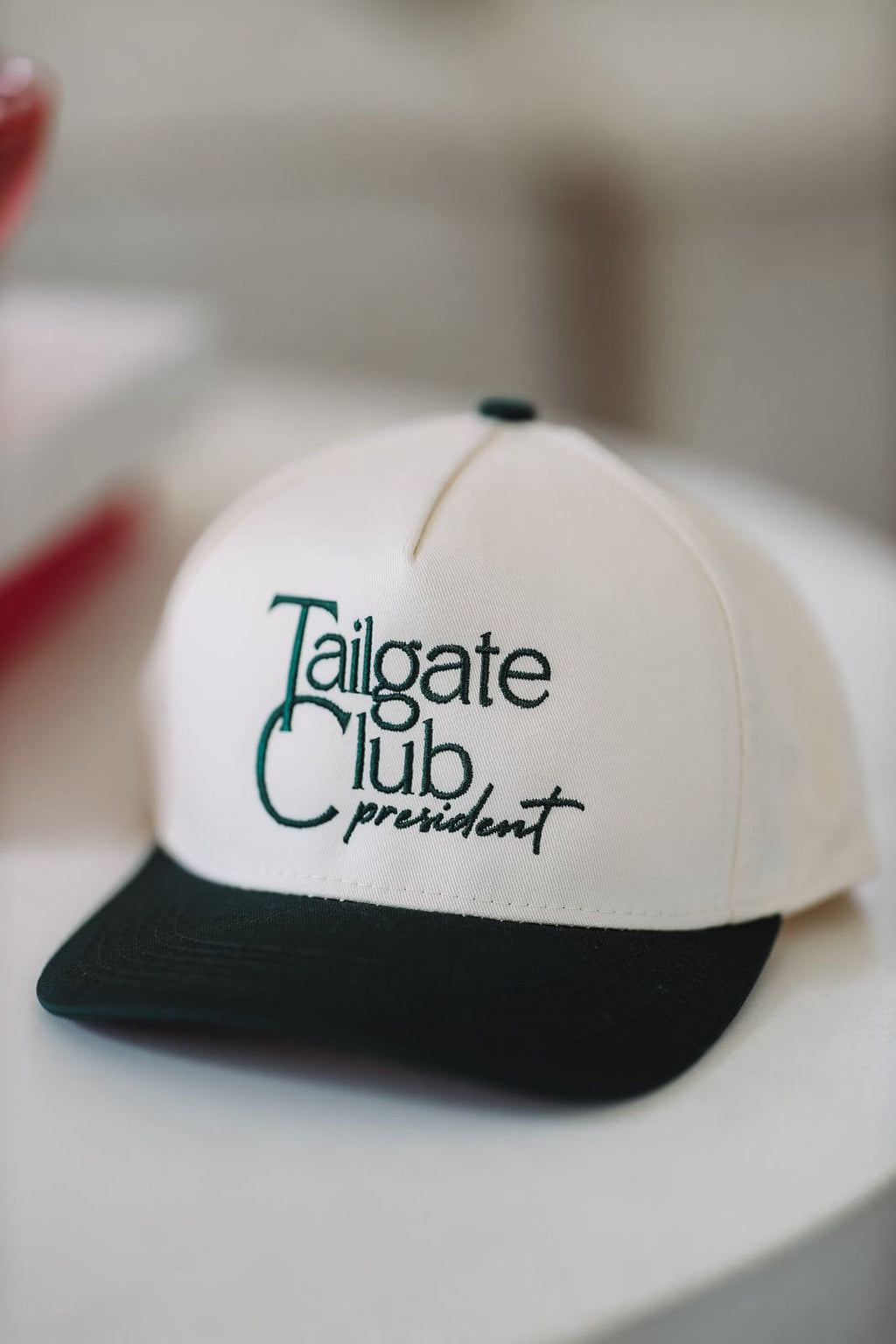 HAZEL & OLIVE Tailgate Club President Two Toned Snapback Hat - Beige and Green