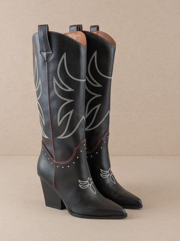 HAZEL & OLIVE Take Me Downtown Western Cowboy Boots - Black and Red