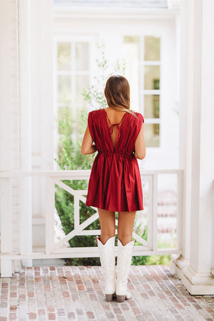 HAZEL & OLIVE The Bow Poplin Mini Romper Dress - Maroon and White