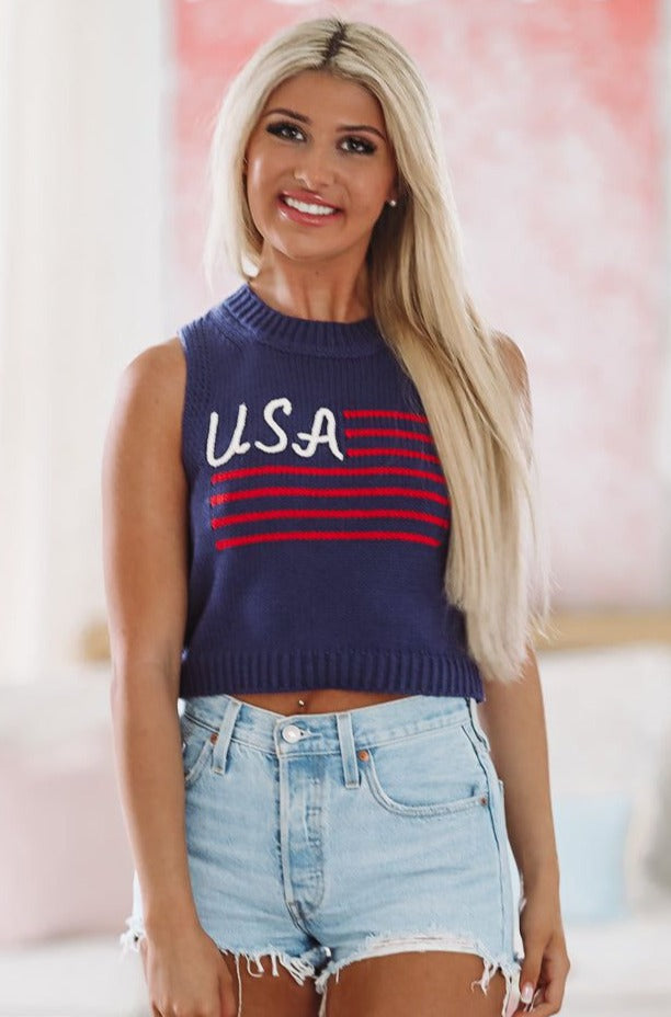 HAZEL & OLIVE USA Knit Tank Top - Navy Blue