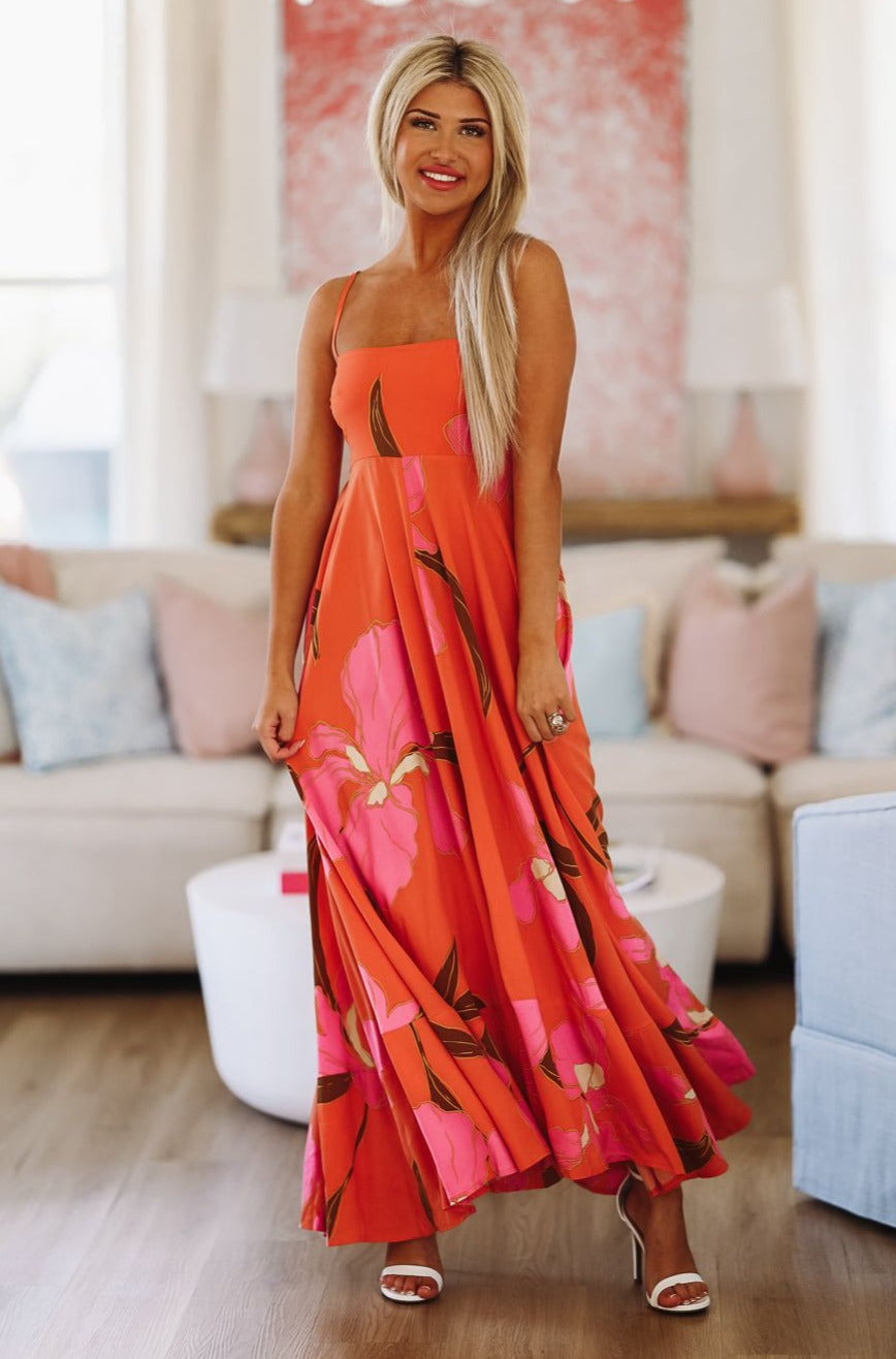 HAZEL & OLIVE Week in Tulum Maxi Dress - Orange and Pink