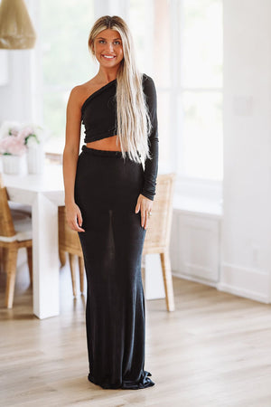 HAZEL & OLIVE When in Cabo Two Piece Crop Top and Maxi Skirt Set - Black