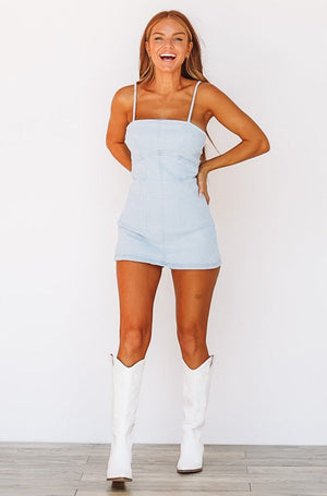 HAZEL & OLIVE Blue Jean Baby Light Denim Romper Dress - Light Blue