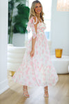 HAZEL & OLIVE Girly and Chic Maxi Dress - Ivory and Pink